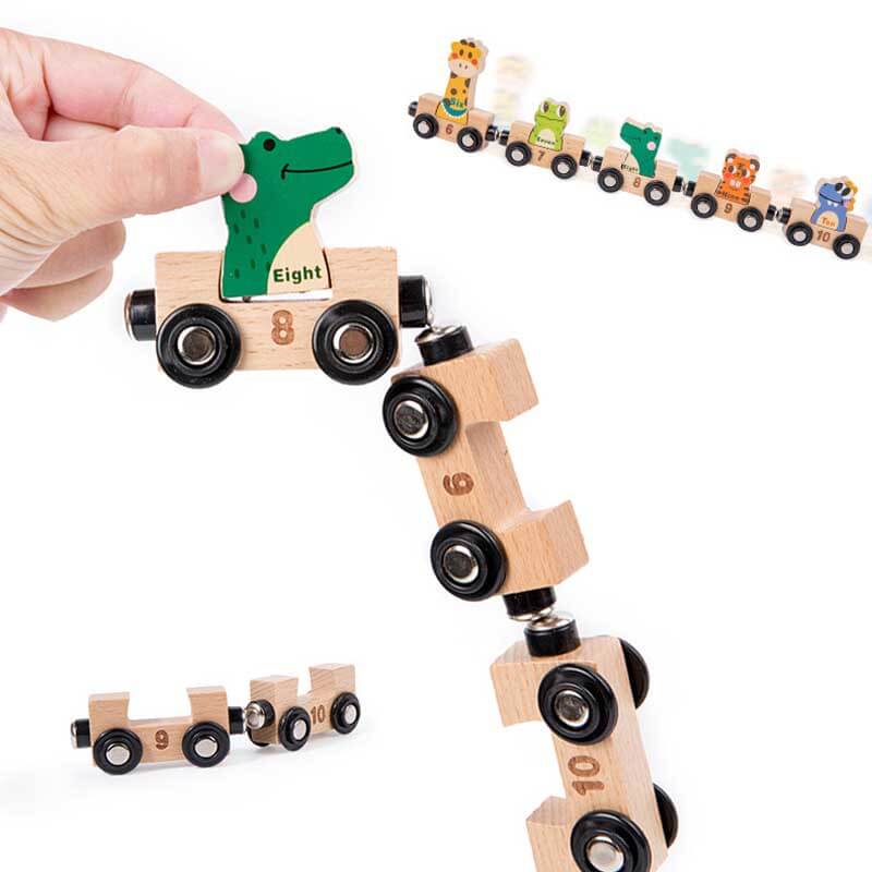 Montessori-inspired wooden train toy for toddlers with geometric shapes, enhancing early education.