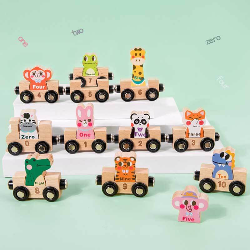Vibrant wooden train cars, each with a different color and shape, designed for kids education.
