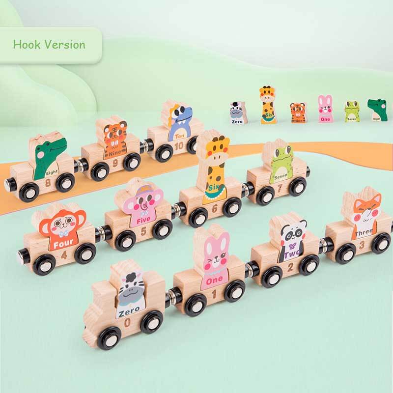 Parents and child engaging with a wooden educational train, a great toddler gift for interactive play.