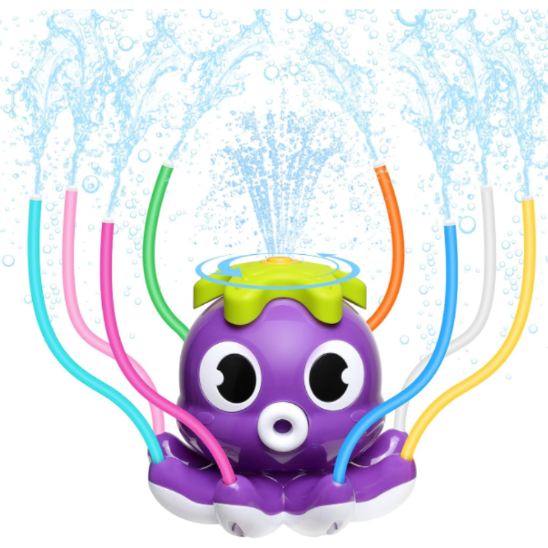 Kids playing with a vibrant octopus sprinkler in a sunny backyard, enjoying summer water fun.