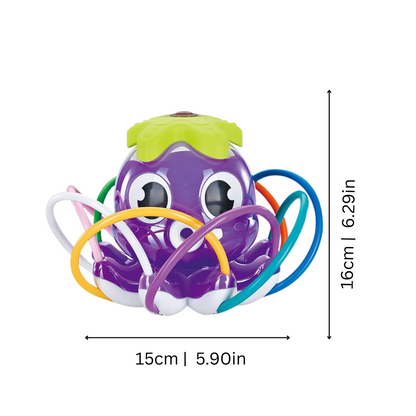 Close-up of a colorful octopus outdoor water sprinkler, perfect for children's backyard play.