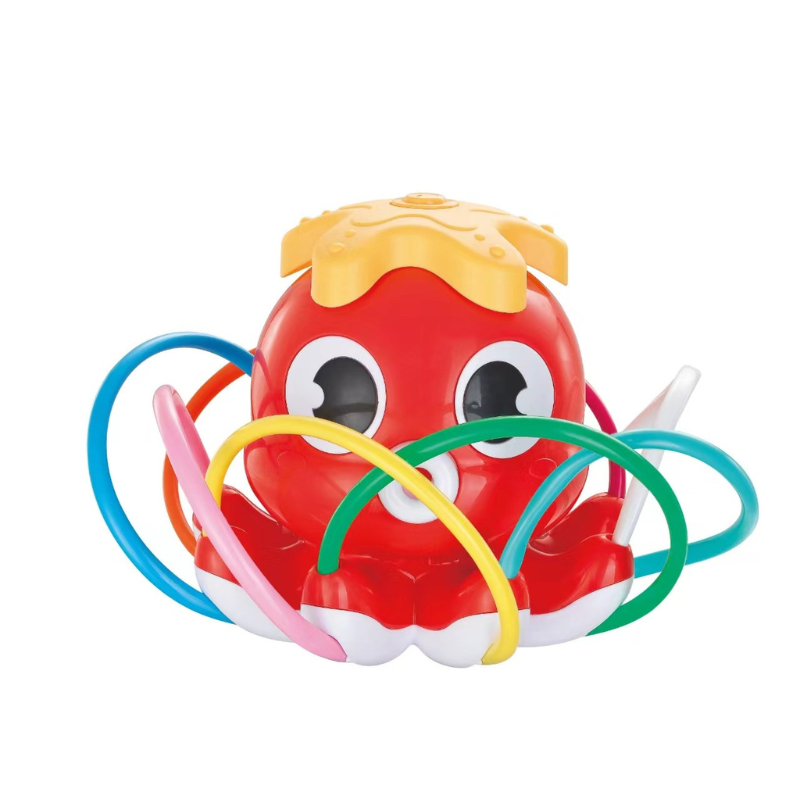 Happy child runs through the refreshing spray of an octopus-shaped water toy, ideal for summer activities.