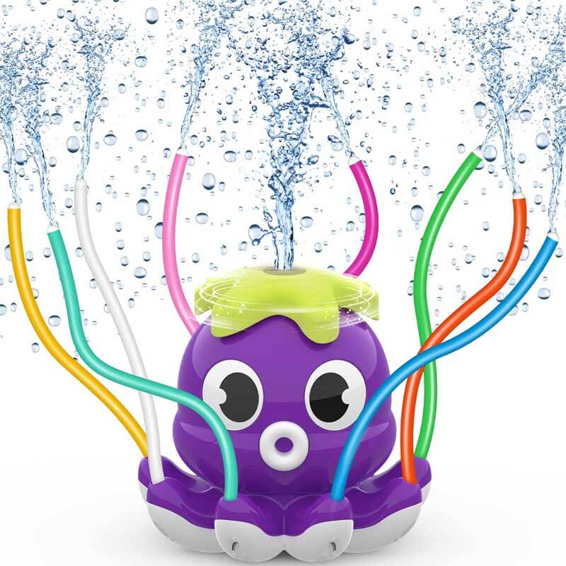 Kids playing with a vibrant octopus water sprinkler, backyard summer fun toy.