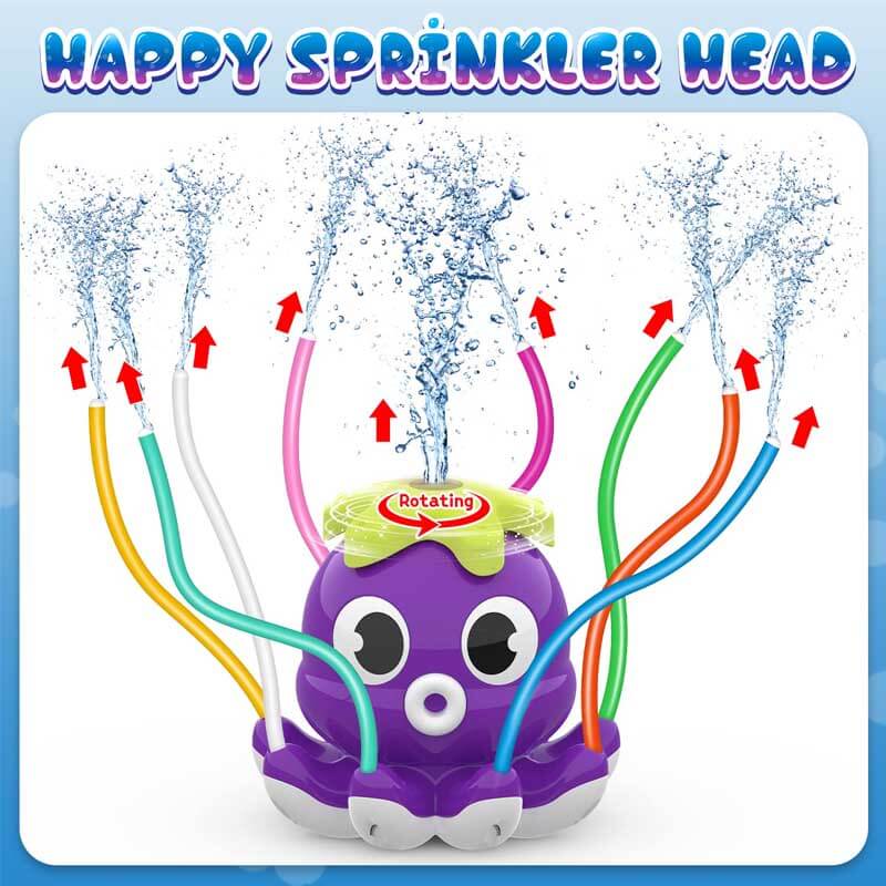 Happy children enjoying an outdoor octopus sprinkler water game on a sunny day.