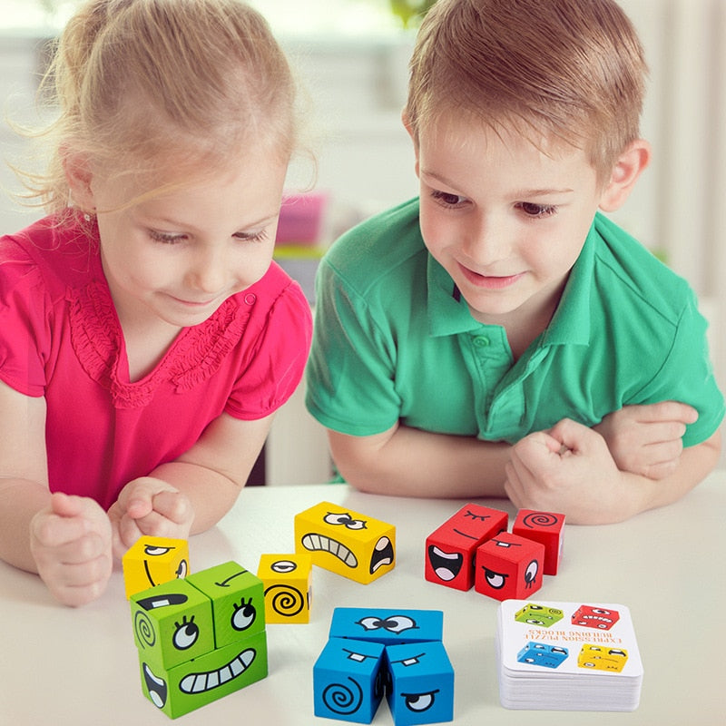 Montessori wooden expression puzzle game with colorful blocks for preschool kids, fostering learning.