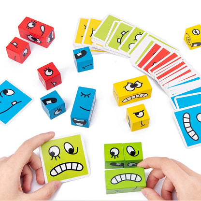 Close-up of a child matching expressions on a wooden educational toy, a fun family learning game.