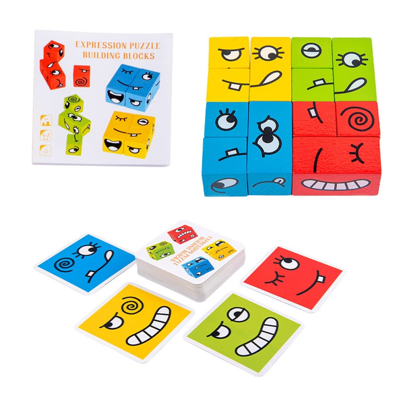 Wooden expression puzzle game pieces showing various emotions, an educational toy for kids' social-emotional growth.