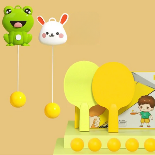 Kids playing with adjustable indoor hanging table tennis set, improving reflexes & coordination