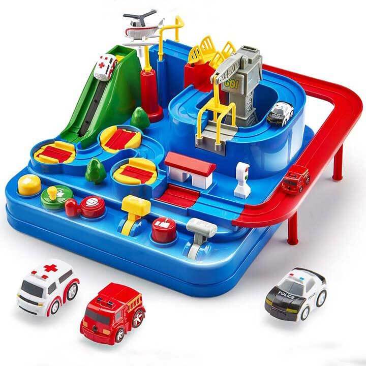 Kids playing with an educational car adventure toy set & race track, developing motor skills.