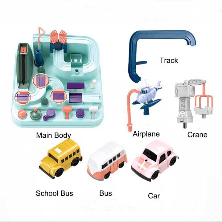 Vibrant educational car adventure toy set on a race track, ideal for developing young children's motor skills.