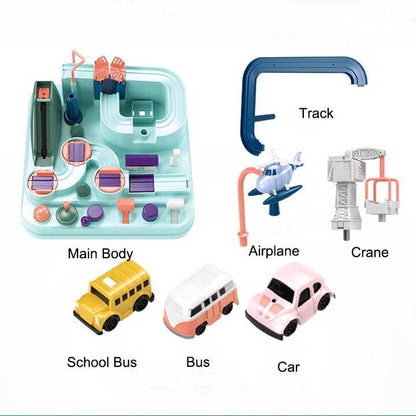 Vibrant educational car adventure toy set on a race track, ideal for developing young children's motor skills.