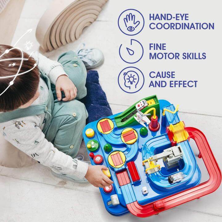 Close-up of a vibrant plastic car adventure toy, highlighting interactive features of the race track.