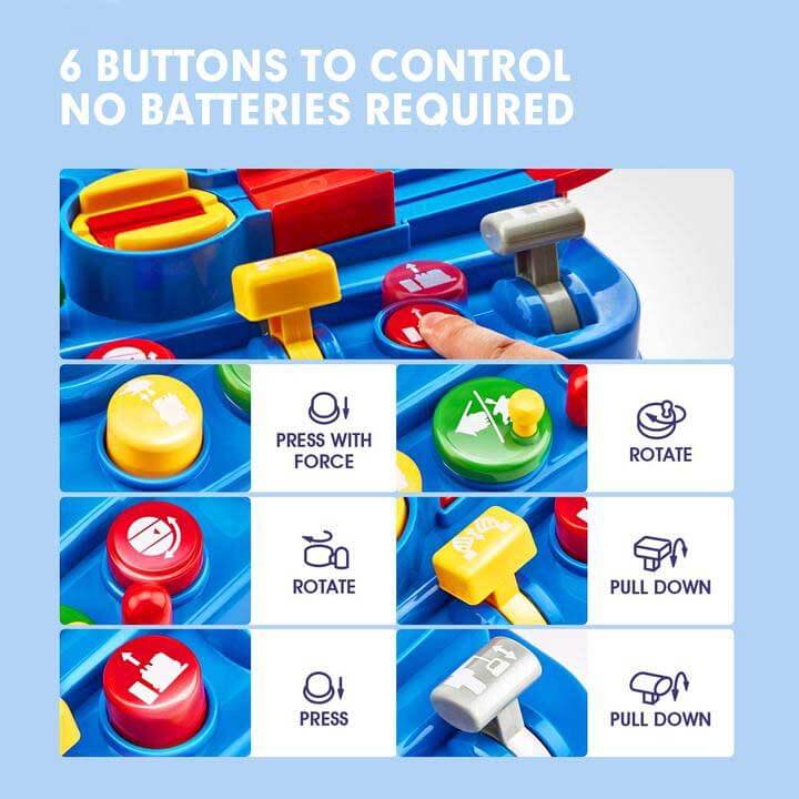 Child's hand guiding a car on a multi-level educational adventure toy set, promoting problem solving.