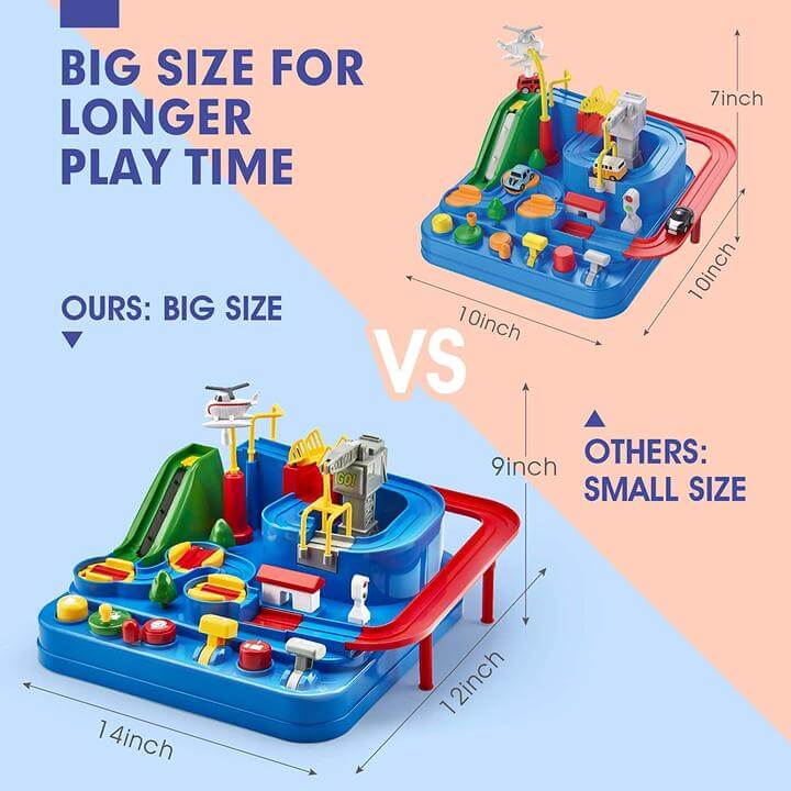 Overhead view of a colorful kids' car track adventure toy, perfect for interactive play & motor skill development.