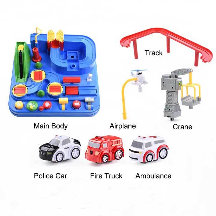 Interactive kids' car adventure toy set featuring a race track, designed for educational play.