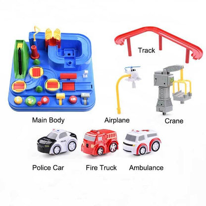 Interactive kids' car adventure toy set featuring a race track, designed for educational play.