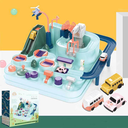 Close-up of the intricate mechanisms and track pieces of the kids' educational car adventure toy.