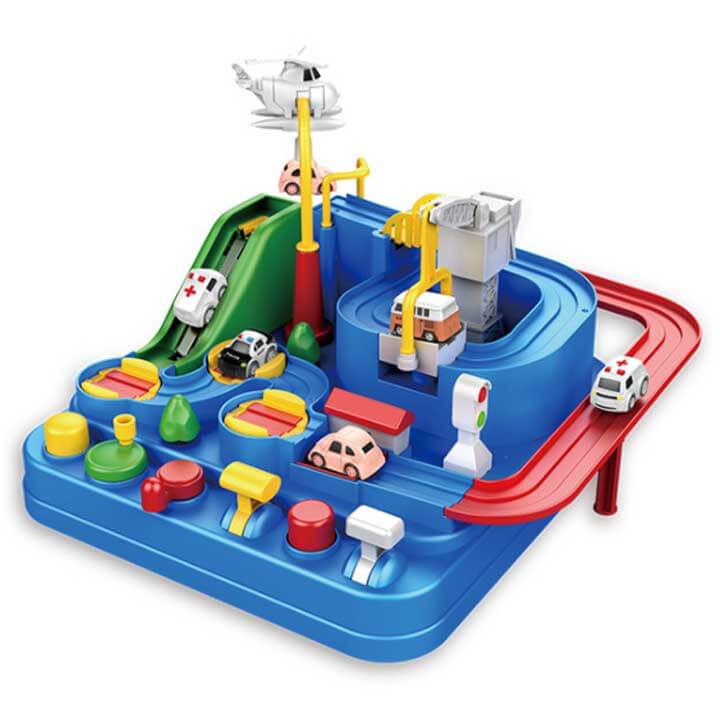A complete kids' car adventure toy set with cars on the race track, encouraging imaginative play.