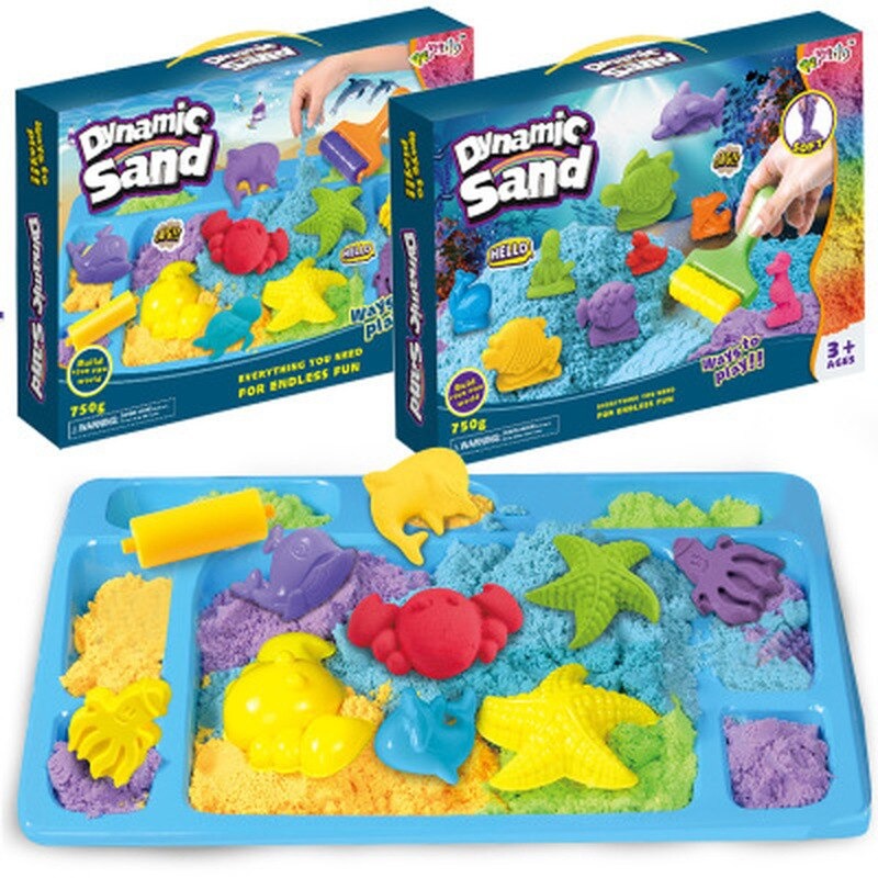 Kids playing with blue kinetic sand and molds in an interactive sensory play set.