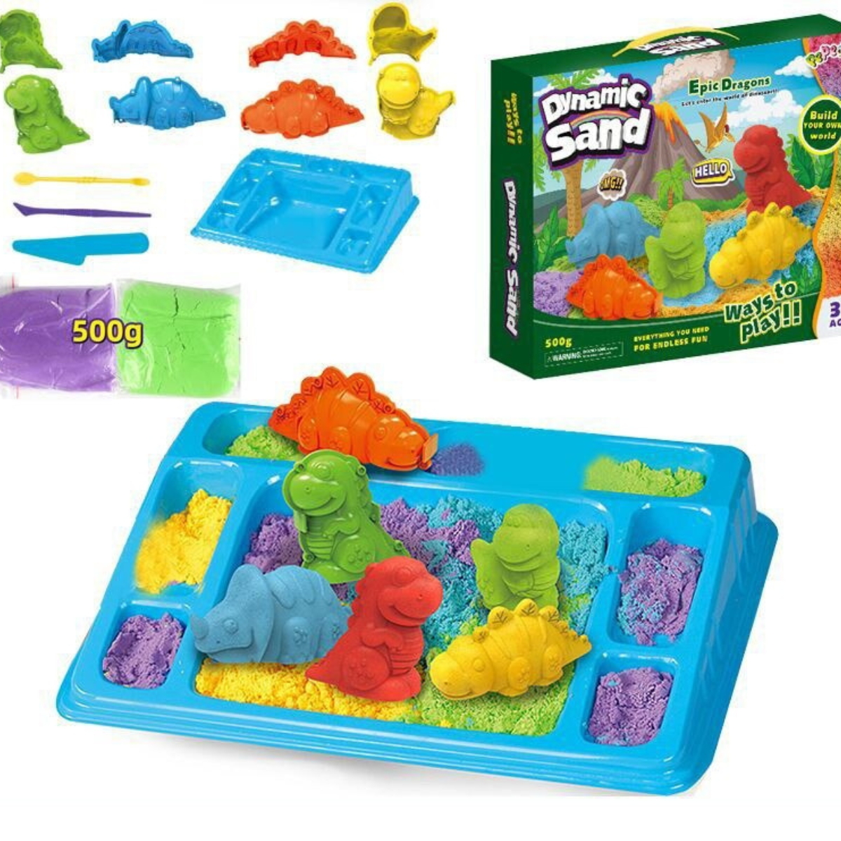 Close-up of child's hands molding colorful kinetic sand from an educational bath toy set.