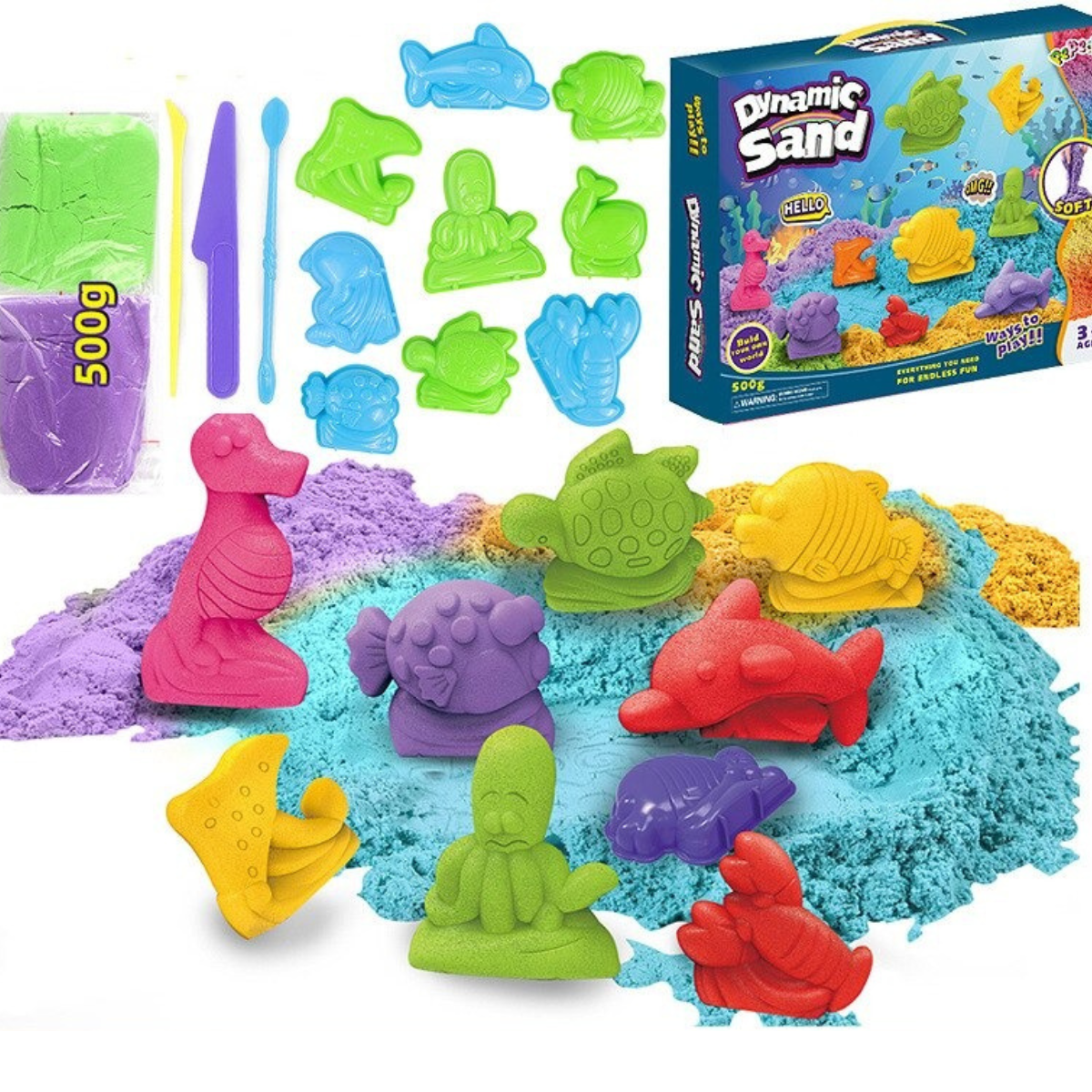 Interactive sensory play sand set with various tools, molds, and brightly colored kinetic sand.