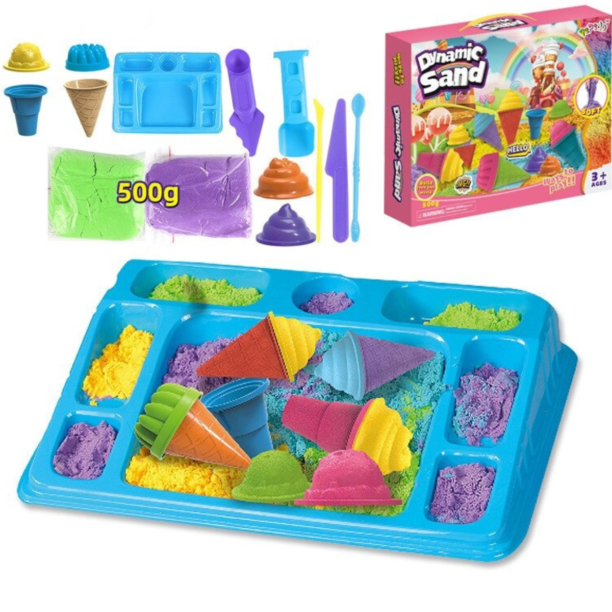 Complete sensory play sand kit for kids, includes vibrant sand, molds, and a storage container.