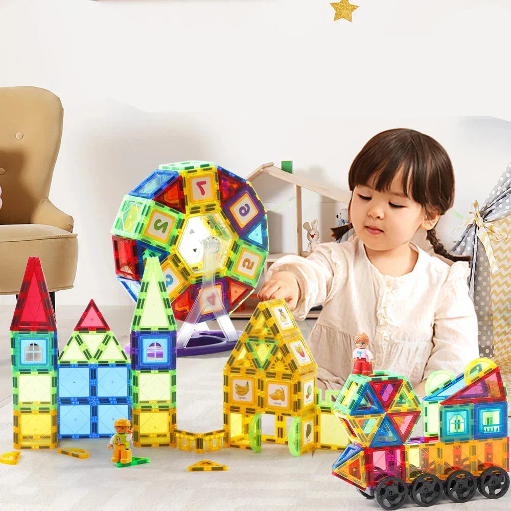 Kids playing with colorful magnetic building tiles, creating a tall tower, promoting STEM learning and creativity.