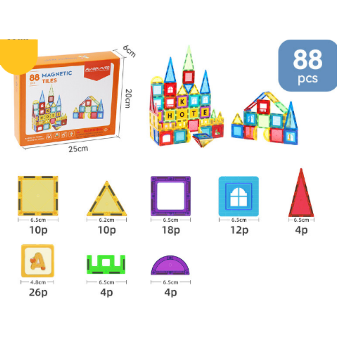 Magnetic building blocks in bright primary colors, appealing to young children for creative construction and skill development.