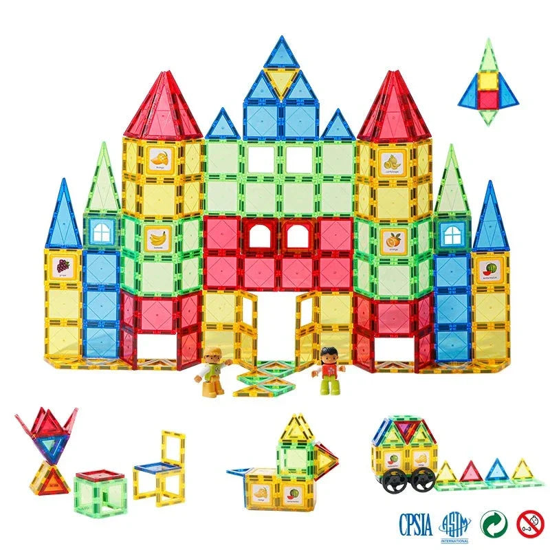 Close-up of a child's hands connecting two magnetic tiles, demonstrating fine motor skills and construction play.