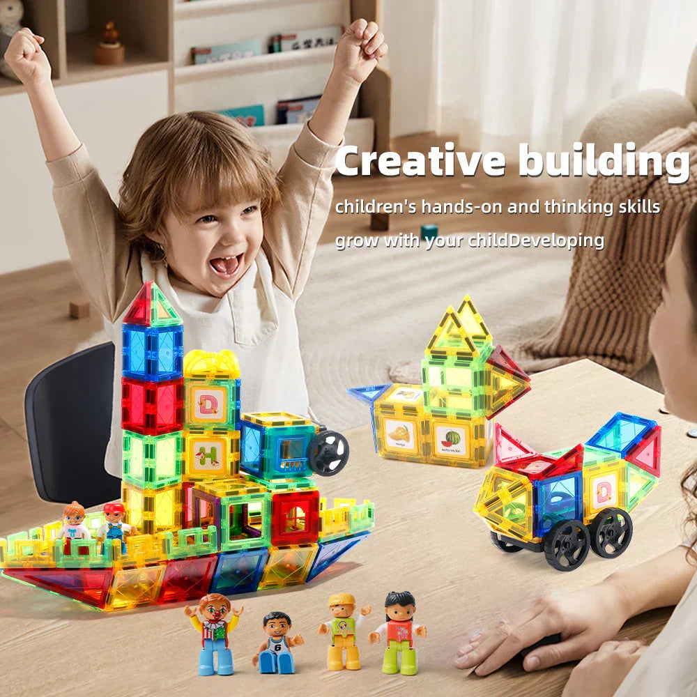 Vibrant magnetic building tiles arranged in geometric shapes, highlighting educational STEM toy benefits for children.