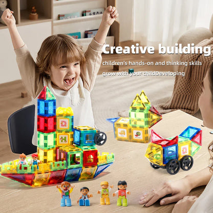 Vibrant magnetic building tiles arranged in geometric shapes, highlighting educational STEM toy benefits for children.