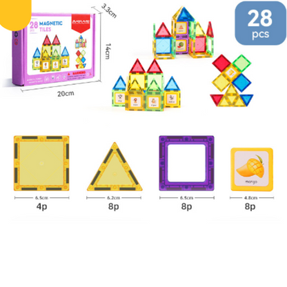 Different sized magnetic building tiles on a playmat, ready for children to explore and construct imaginative designs.