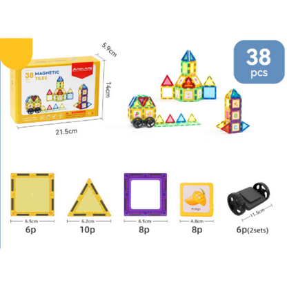 Overhead view of a complex magnetic tile castle, demonstrating advanced construction potential of the kids' toy.