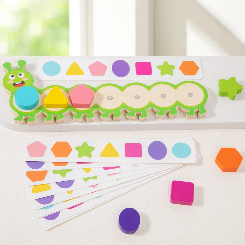 Kids playing with colorful Magnetic Caterpillar Puzzle Toy, sorting shapes. Educational, fine motor skills.