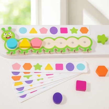 Kids playing with colorful Magnetic Caterpillar Puzzle Toy, sorting shapes. Educational, fine motor skills.