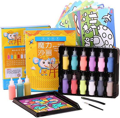 Kids playing with colorful sand art painting kit, fostering creativity and fine motor skills