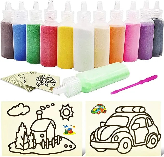 Creative sand art painting kit with various colored sands and tools for children's craft activity