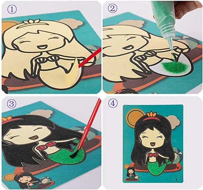 Unisex sand art painting kit box showing vibrant sand colors and art templates for DIY fun