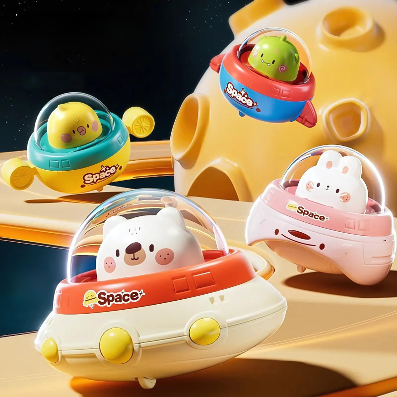 Kids playing with colorful space car toys, developing motor skills with push & go friction vehicles.