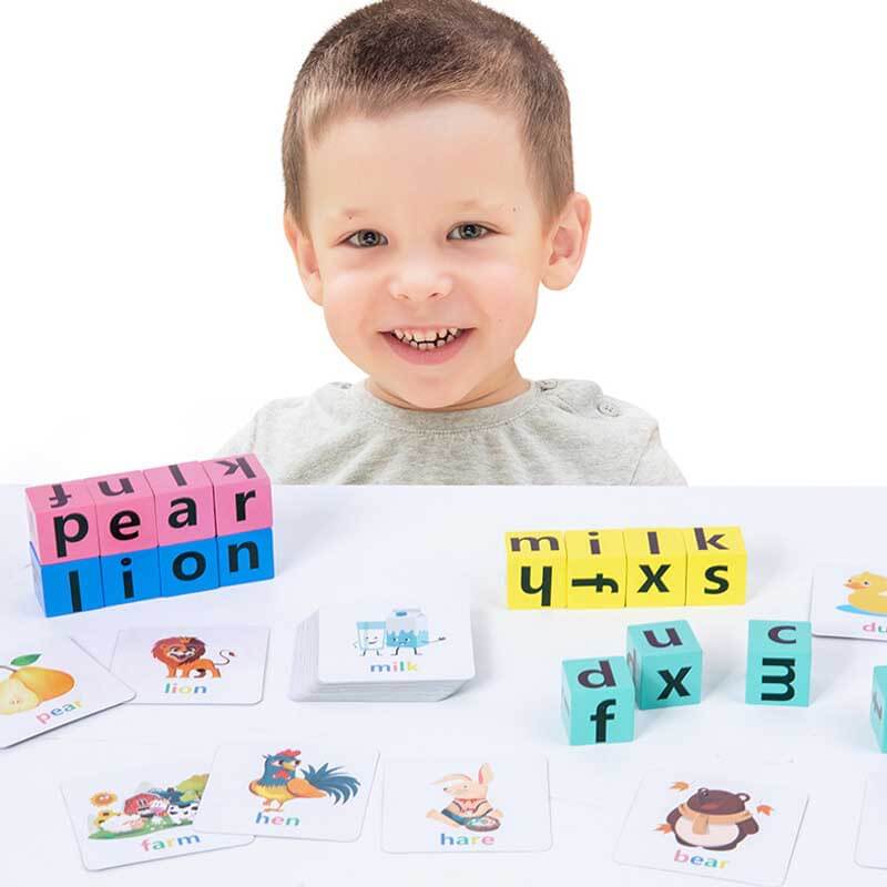 Kids playing with colorful wooden blocks spelling game, learning alphabet