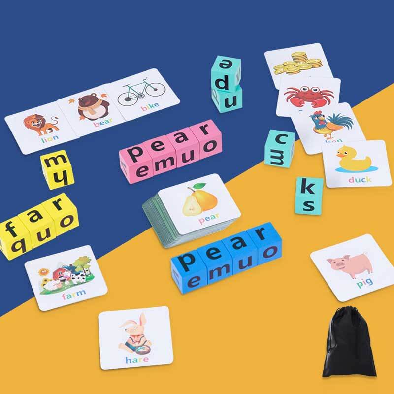 Educational wooden blocks spelling game with various letters and words