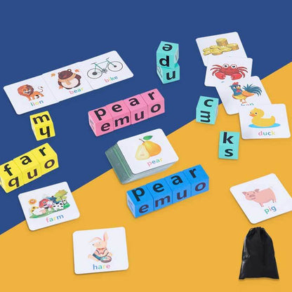 Educational wooden blocks spelling game with various letters and words