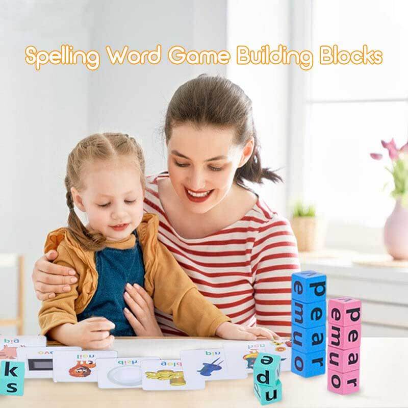 Open box of Kids Wooden Blocks Spelling Game, ready for educational play