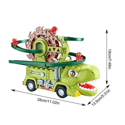Overhead view of the assembled Dinosaur Race Track Truck Playset with multiple toy cars, an exciting kids' truck playset.