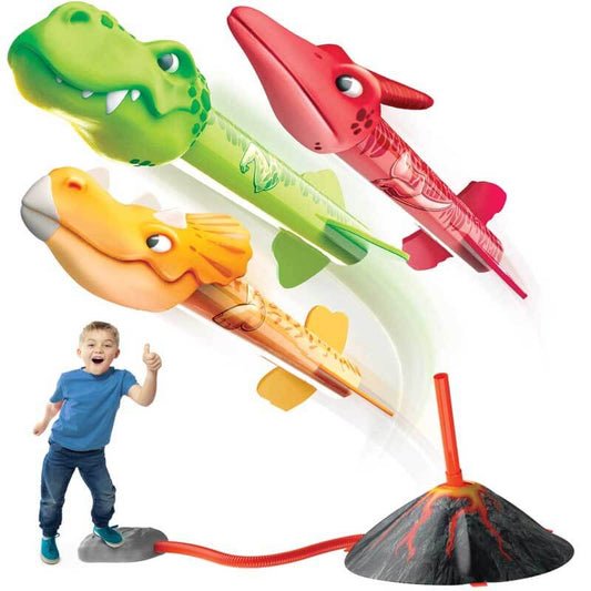 Kids playing with Dinosaur Rocket Launcher Toy, blasting foam rockets high into the air during outdoor play.