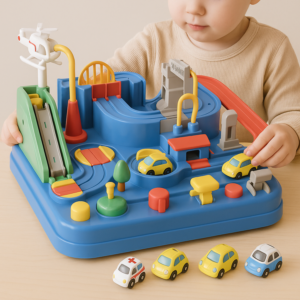 Kids playing with interactive car adventure city track toy, vibrant and engaging for brain development.