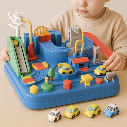 Kids playing with interactive car adventure city track toy, vibrant and engaging for brain development.