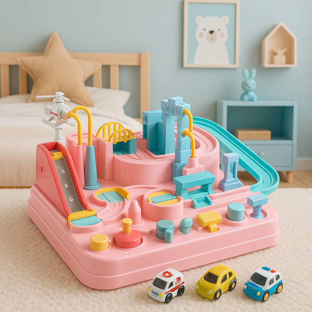 Group of children sharing and playing with an interactive car adventure track toy, social learning.