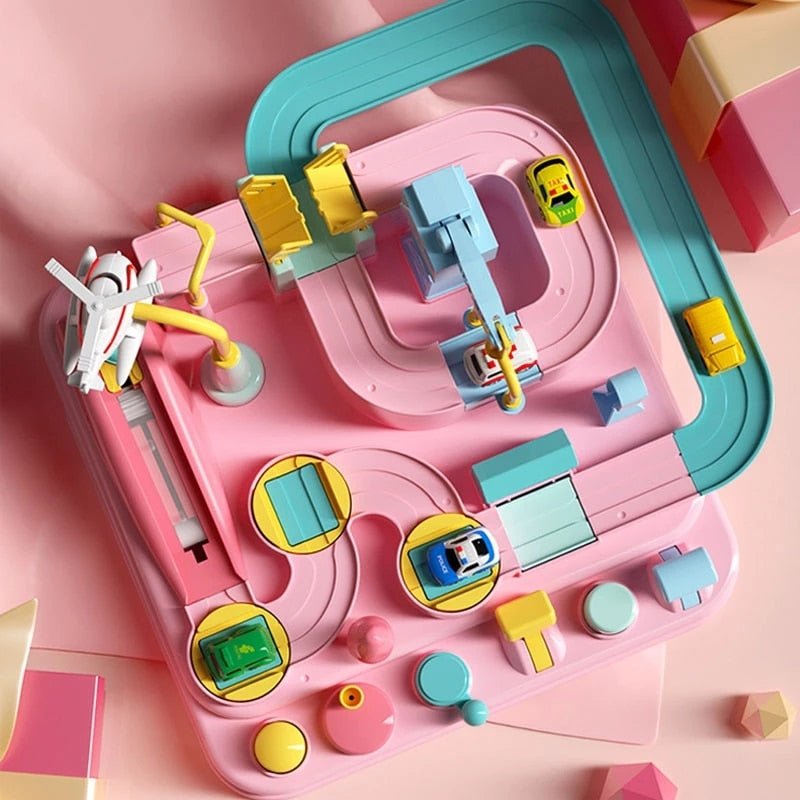Packaging shot of the Kids' Interactive Car Adventure City Track Toy, highlighting features for brain development.