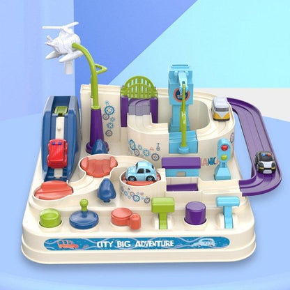 Child's perspective of the interactive adventure track toy, showing cars navigating the vibrant city layout.